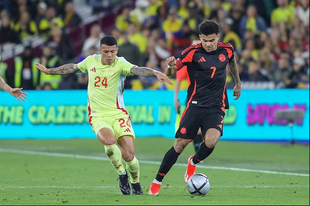 Luiz Díaz y Pedro Porro en el amistoso entre España y Colombia del 22 de marzo, 2024 (Fuente: SPP Sport Press Photo. / Alamy Stock Photo)