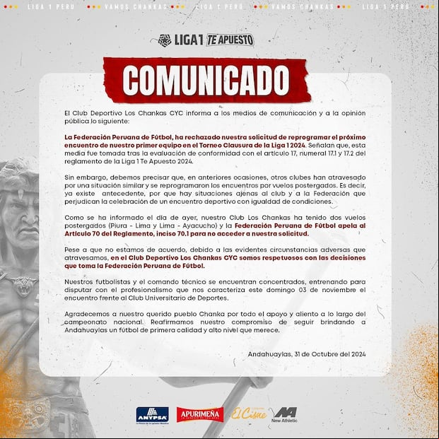 Comunicado de Los Chankas. (Captura)