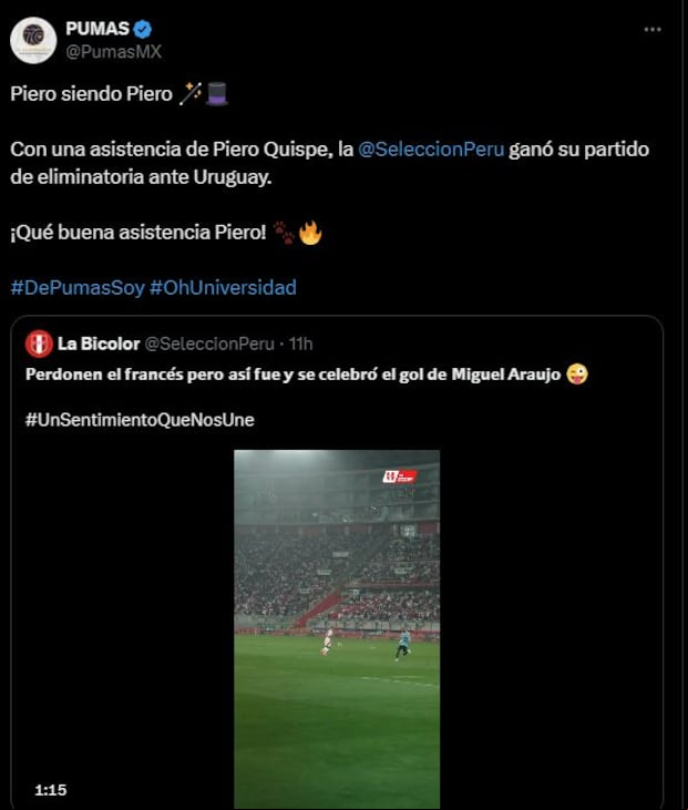 Pumas destacó la asistencia de Piero Quispe en la victoria de Perú por 1-0 ante Uruguay. (Foto: Pumas Unam en 'X')