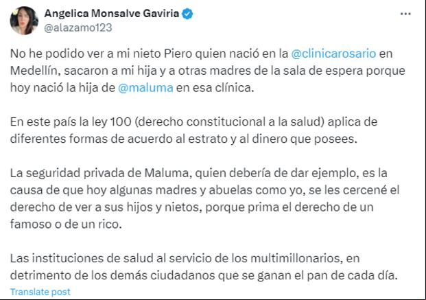 Internauta criticó a Maluma por cerrar la clínica (Foto: Angelica Monsalve Gaviria / X)