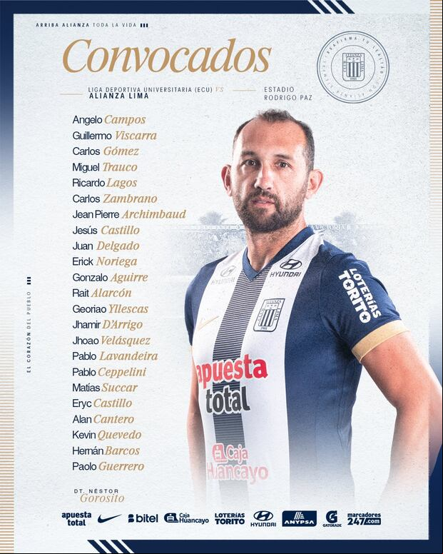 Convocados de Alianza Lima para partido ante LDU. (Foto: Alianza Lima)