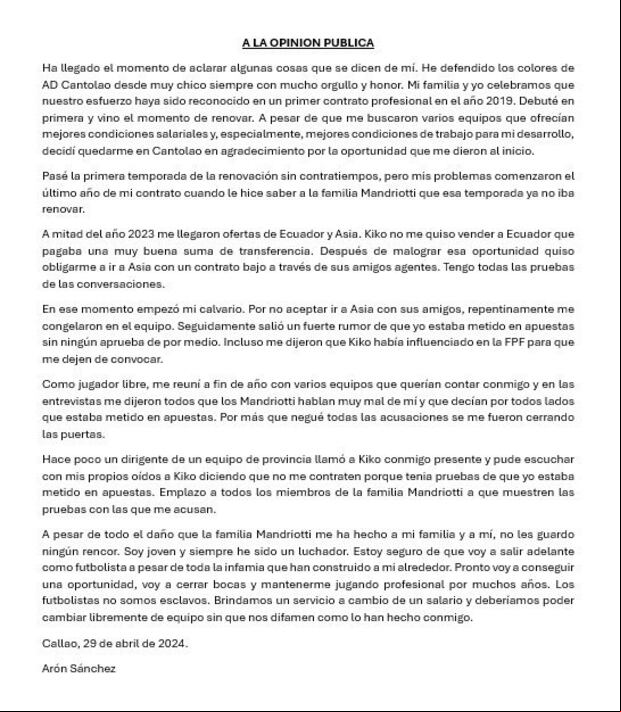Segundo comunicado de Arón Sánchez. (Imagen: Instagram)