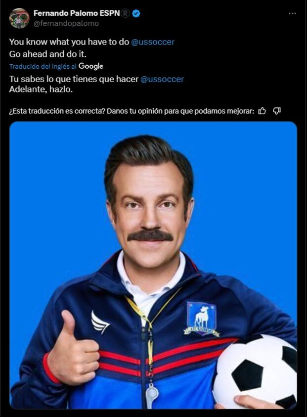 Fernando Palomo postuló a Ted Lasso como DT de la Selección de Estados Unidos. (Foto: Captura 'X').