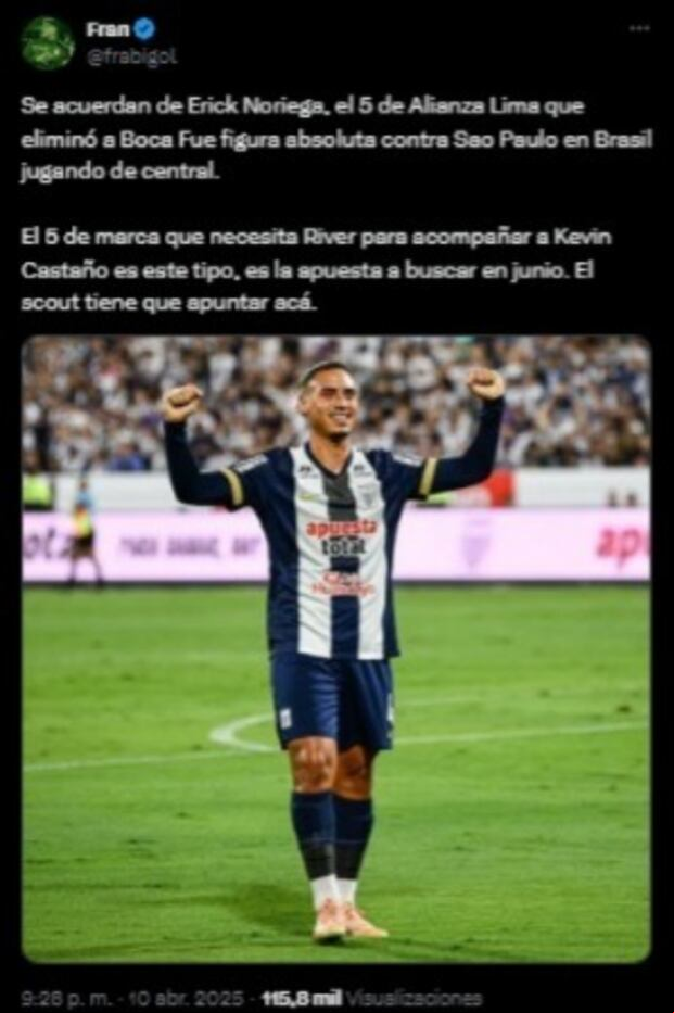 El viral pedido de un hincha de River para que fichen a Erick Noriega. (Imagen: Captura de X)