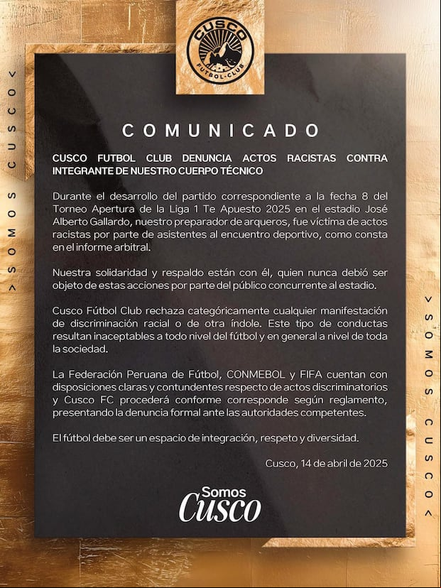 Comunicado del cuadro 'dorado' donde confirma la denuncia que presentará ante las autoridades pertinentes. (Foto: Cusco FC)