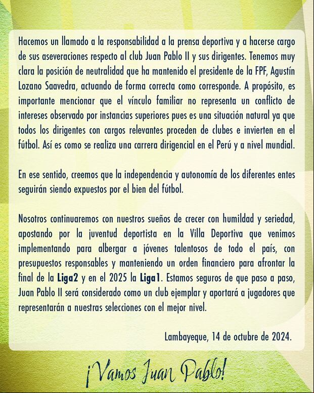 Comunicado de Juan Pablo II tras su ascenso a la Liga 1. (Foto: Juan Pablo II)