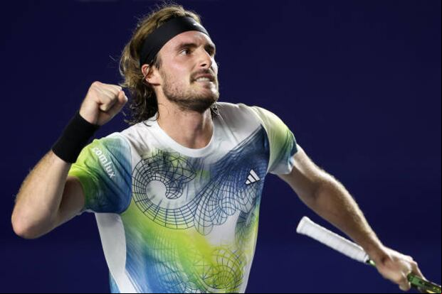 SAN JOSÉ DEL CABO, MEXICO - AUGUST 03: Stefanos Tsitsipas of Greece celebrates winning the second set against Nicolas Jarry of Chile during the Mifel Tennis Open by Telcel Oppo at Cabo Sports Complex on August 03, 2023 in San José del Cabo, Mexico. (Photo by Matthew Stockman/Getty Images)