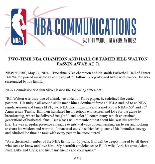 El comunicado de la NBA acerca del fallecimiento de Bill Walton (Foto: NBA)