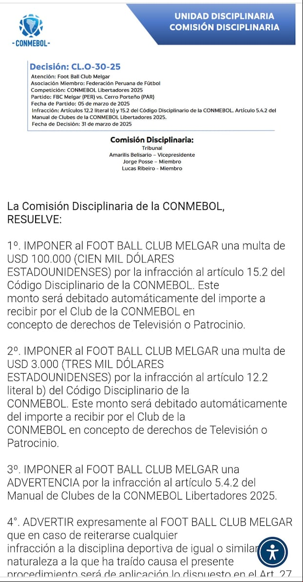 Notificación de la Conmebol a FBC Melgar que sanciona inconvenientes en la UNSA.
