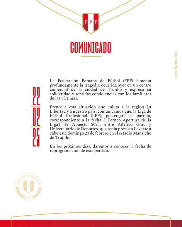 Comunicado de la FPF sobre Universitario vs. Atlético Grau. (Foto: FPF)