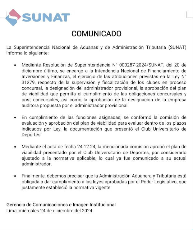 El comunicado de SUNAT sobre el plan de viabilidad presentado por jean Ferrari.