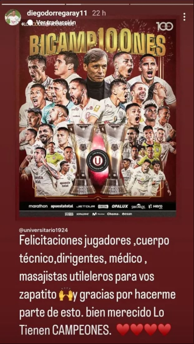 El agradecimiento de Dorregaray tras ser incluido en el bicampeonato. (Imagen: Instagram)