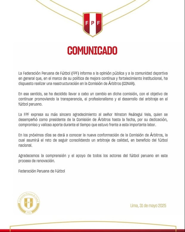 Comunicado de la FPF anunciando la salida de Winston Reátegui.