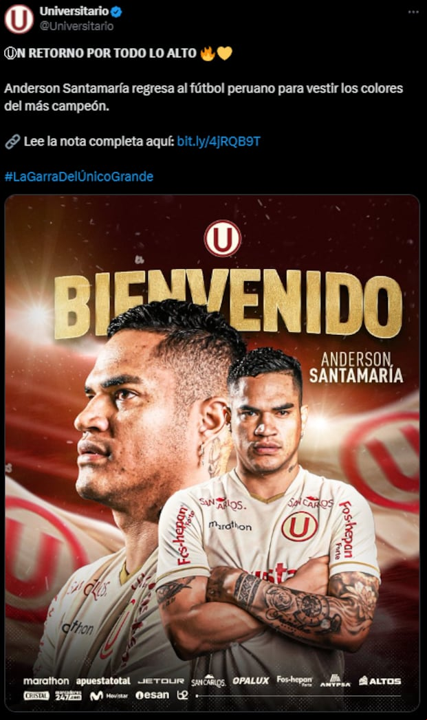 Universitario le dio la bienvenida a Anderson Santamaría por todo el 2025.