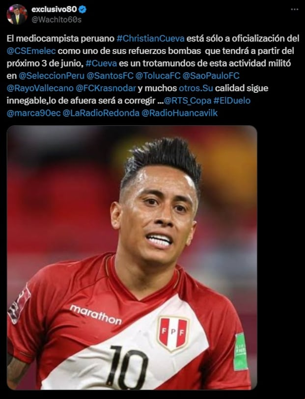 El periodista Washington Sánchez adelantó la posible llegada de Christian Cueva a Emelec de Ecuador. (Captura X)