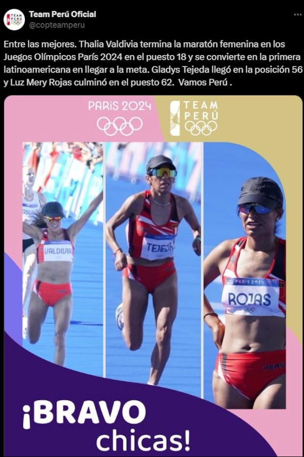 Thalía Valdivia, Gladys Tejeda y Luz Mery Rojas representaron este domingo a Perú en la maratón de los Juegos Olímpicos, dando por culminada la participación del equipo nacional.