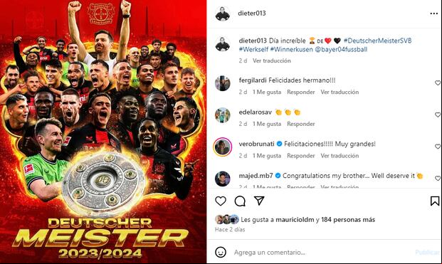 Dieter Schreiber celebró el título del Bayer Leverkusen en sus redes sociales. (Imagen: Difusión)