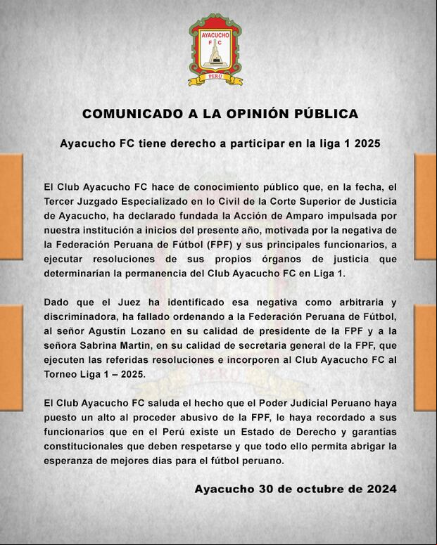 Comunicado de Ayacucho FC sobre su presencia en la Liga 1 en el 2025. (Foto: @fc_ayacucho).