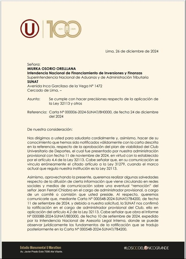 La carta de Universitario para la SUNAT. (Foto: Universitario).