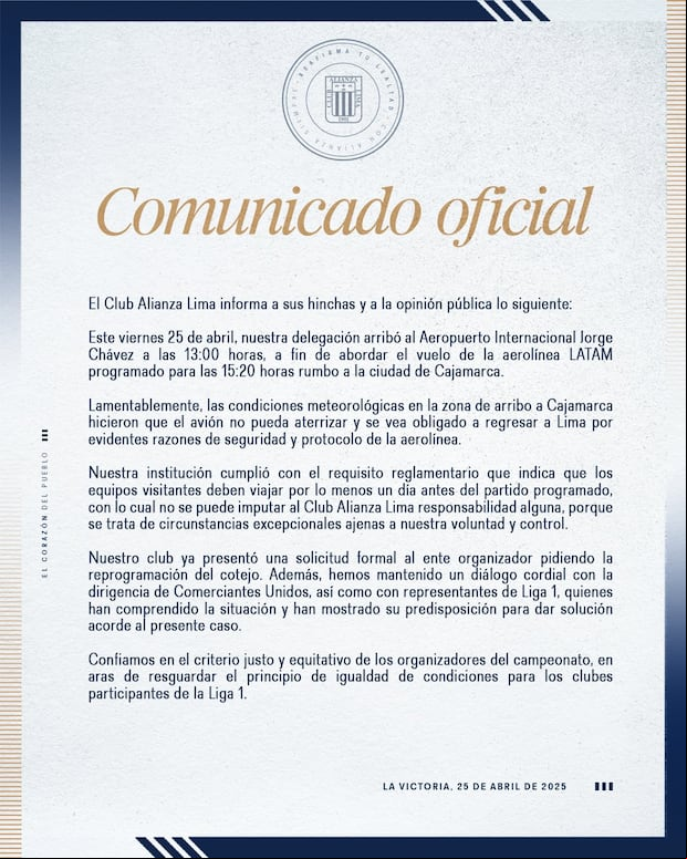 Comunicado oficial de Alianza Lima sobre lo sucedido en su viaje a Cajamarca para enfrentar a Comerciantes Unidos (Foto: @ClubALoficial).
