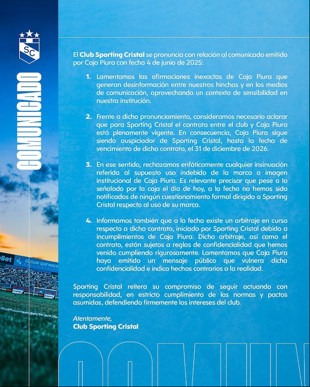 Comunicado de Sporting Cristal en respuesta a Caja Piura.