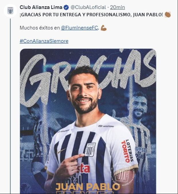 Alianza Lima hizo oficial el pase de Juan Pablo Freytes al Fluminense. (Foto: @ClubALoficial)