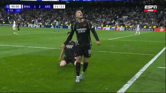 Gol de Gabriel Martinelli para el 1-2 del Real Madrid vs. Arsenal por Champions League. (Video: ESPN)